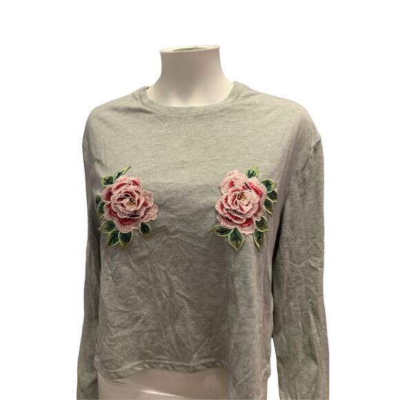 H&M Divided Grey Floral Embroidered Print Long Sleeve Basic Cropped Tee - Picture 6 of 7